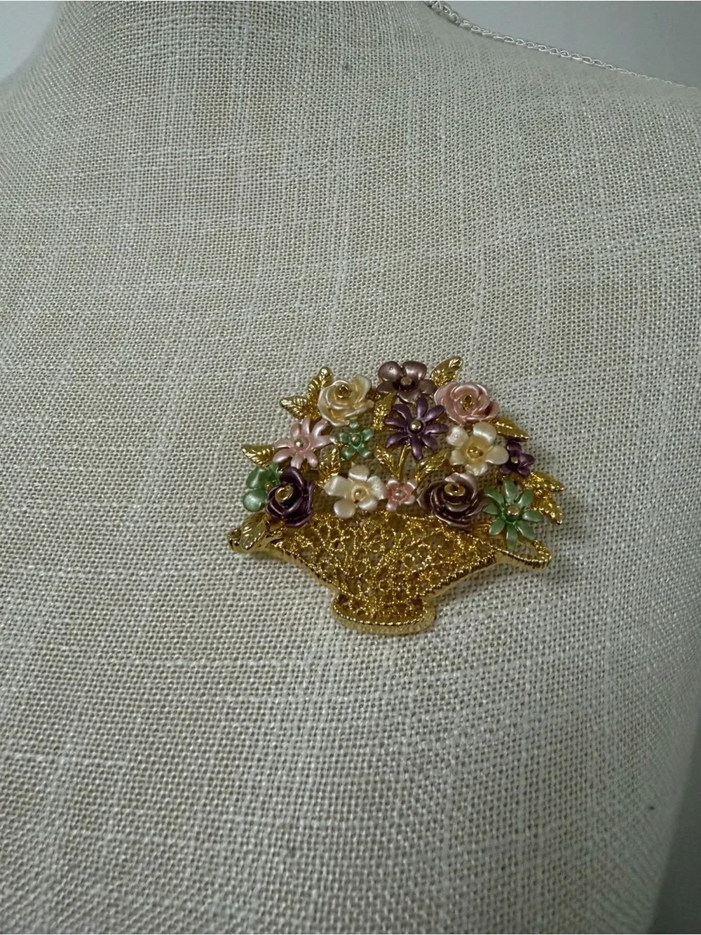 Vintage Flower Basket Brooch Pin Gold Toned